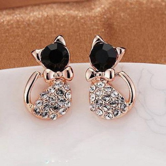 Crystal and Gold Tuxedo Cat Earrings - Picture 4 of 4